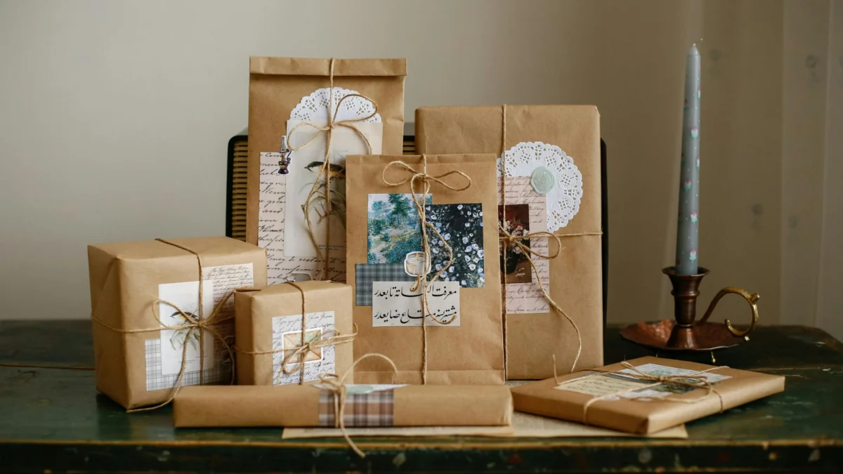 Mooi ingepakte geschenken in bruin papier met touw en vintage decoraties, naast een kandelaar.