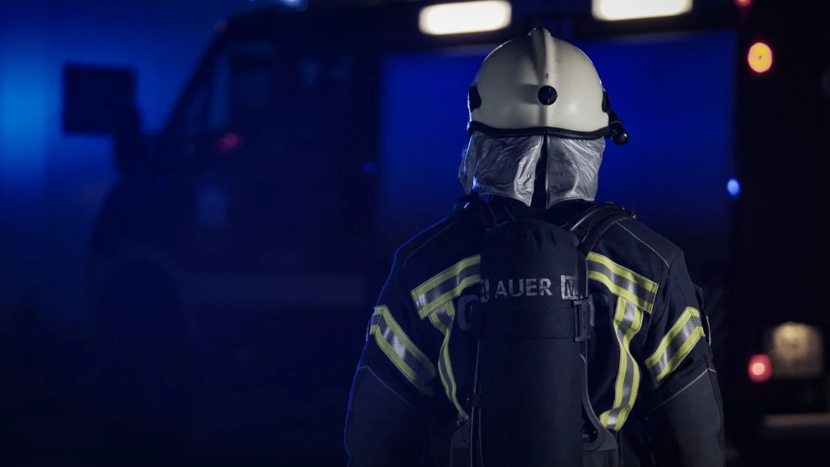Een brandweerman in volledige uitrusting staat klaar voor een brandweervoertuig, voorbereid op actie.