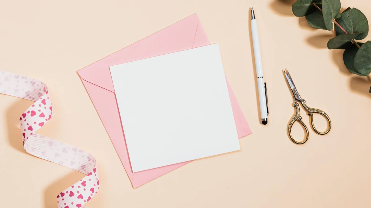 Flat lay van kantoorartikelen, inclusief roze enveloppen, schaar en bladeren op een pastel achtergrond.