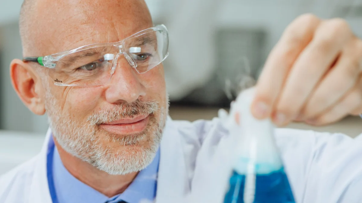Wetenschapper met veiligheidsbril analyseert chemische reactie in laboratorium.